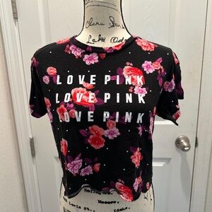 PINK Victoria's Secret Floral 'Love Pink' Black Tee